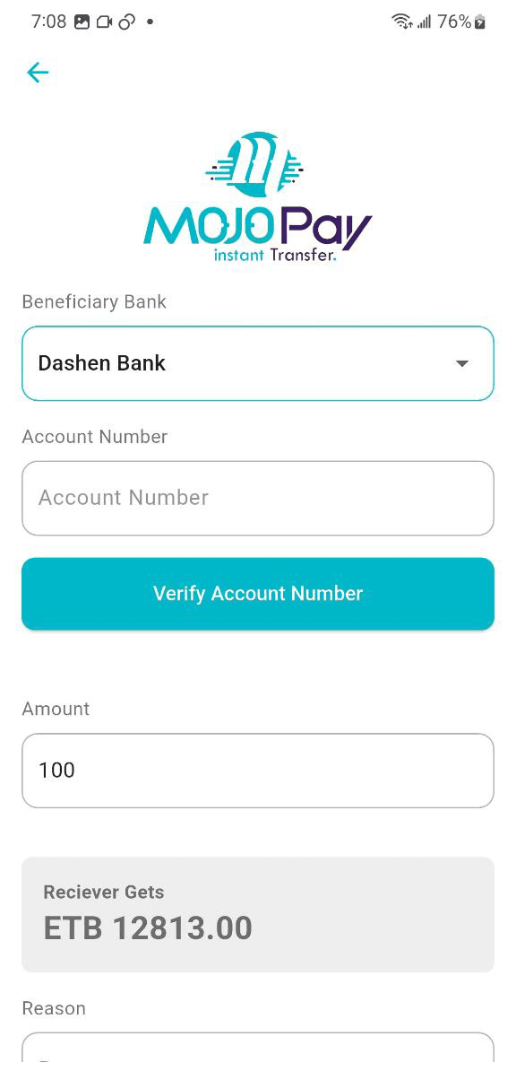 MojoPay App Screenshot showing the money transfer interface